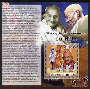 St Thomas & Prince Islands 2007 Independence of India - M Gandhi perf deluxe s/sheet containing 1 value unmounted mint