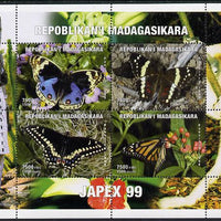 Madagascar 1999 Butterflies perf sheetlet containing 4 values with Japex 99 imprint in margin unmounted mint. Note this item is privately produced and is offered purely on its thematic appeal