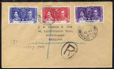 Grenada 1937 KG6 Coronation set of 3 on reg cover with first day cancel addressed to the forger, J D Harris.,Harris was imprisoned for 9 months after Robson Lowe exposed him for applying forged first day cancels to Coronation cove……Details Below