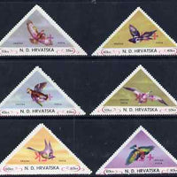 Croatia 1951 Birds triangular perf set of 6 surcharged +5k in red with surcharge inverted on all values, unmounted mint