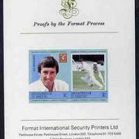 St Vincent - Grenadines 1984 Cricketers #1 R A Woolmer 1c se-tenant imperf pair mounted on Format International proof card (as SG 291a)