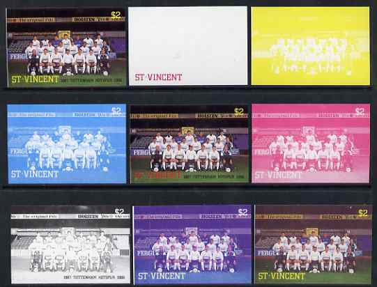St Vincent 1987 English Football teams $2 Tottenham Hotspur - the set of 9 imperf progressive proofs comprising the 5 individual colours plus 2, 3, 4 & all 5-colour composites, unmounted mint, as SG 1092
