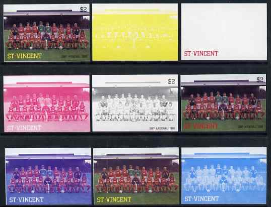 St Vincent 1987 English Football teams $2 Arsenal - the set of 9 imperf progressive proofs comprising the 5 individual colours plus 2, 3, 4 & all 5-colour composites, unmounted mint, as SG 1093
