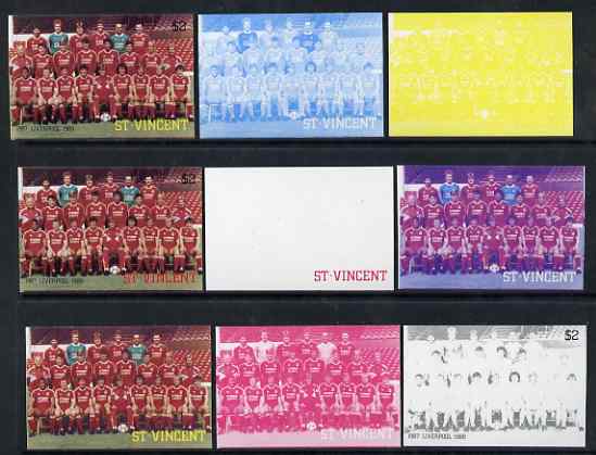 St Vincent 1987 English Football teams $2 Liverpool - the set of 9 imperf progressive proofs comprising the 5 individual colours plus 2, 3, 4 & all 5-colour composites, unmounted mint, as SG 1094