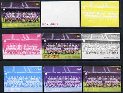 St Vincent 1987 English Football teams $2 Derby County - the set of 9 imperf progressive proofs comprising the 5 individual colours plus 2, 3, 4 & all 5-colour composites, unmounted mint, as SG 1095