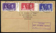 Solomon Islands 1937 KG6 Coronation set of 3 on reg cover with first day cancel addressed to the forger, J D Harris.,Harris was imprisoned for 9 months after Robson Lowe exposed him for applying forged first day cancels to Coronat……Details Below