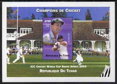 Chad 2002 Cricket World Cup perf m/sheet #1 showing Adam Gilchrist unmounted mint. Note this item is privately produced and is offered purely on its thematic appeal.