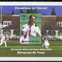 Chad 2002 Cricket World Cup perf m/sheet #2 showing Shane Warne unmounted mint. Note this item is privately produced and is offered purely on its thematic appeal.
