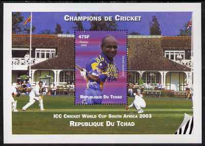 Chad 2002 Cricket World Cup perf m/sheet #3 showing Sanath Jayasuriya unmounted mint. Note this item is privately produced and is offered purely on its thematic appeal.