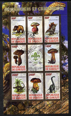 Djibouti 2010 Dinosaurs & Mushrooms #2 perf sheetlet containing 8 values plus label with Scout logo fine cto used