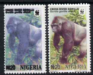Nigeria 2008 WWF - Gorilla N20 perf essay trial with an overal bluish colour, very thick lettering and without imprint complete with normal for comparison, unmounted mint but some ink offset.,Very few produced
