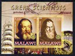 Malawi 2008 Great Scientists #5 - Galilei & Bacon imperf sheetlet containing 2 values each with Rotary logo, unmounted mint