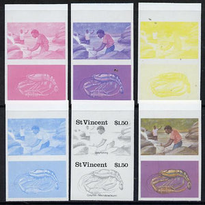 St Vincent 1986 Freshwater Fishing (Crayfishing) $1.50 set of 6 imperf progressive proofs in se-tenant pairs comprising the 4 individual colours plus 2 & 3-colour composites (as SG 1047a)