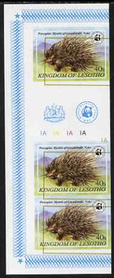 Lesotho 198 1WWF - Cape Porcupine 40s IMPERF inter-paneau strip of 3 with misplaced gold, unmounted mint