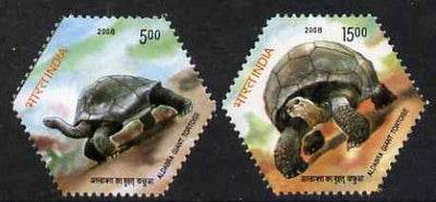 India 2008 Aldabra Giant Tortoise hexagonal shaped perf set of,2 values unmounted mint