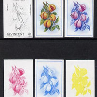 St Vincent 1985 Herbs & Spices $1 (Nutmeg) set of 6 imperf progressive proofs comprising the 4 individual colours plus 2 & 3 colour composites (as SG 870) unmounted mint
