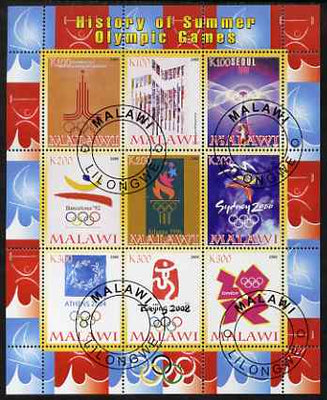 Malawi 2008 History of the Summer Olympics #3 1980-2012 perf sheetlet containing 9 values, fine cto used