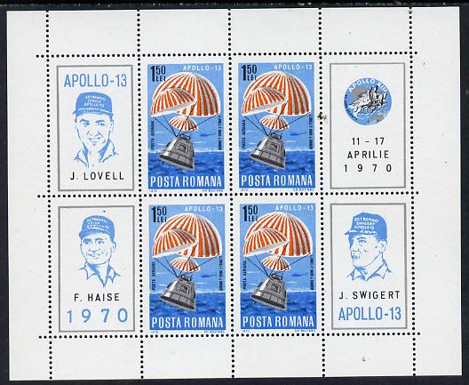 Rumania 1970 Apollo 13 m/sheet containing block of 4 plus 4 labels unmounted mint as SG 3743, Mi BL 77