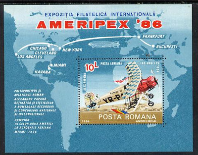Rumania 1986 Ameripex Stamp Exhibition m/sheet (Airplane & Map) unmounted mint Mi BL 227