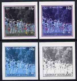 Gairsay 1984 Los Angeles Olympic Games - Archery 12p the set of 4 imperf progressive proofs comprising 1, 2, 3 and all 4-colour composites, unmounted mint
