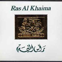 Ras Al Khaima 1971 Soviet Cosmonauts 1r deluxe sheet embossed in gold on glossy card, Mi BL A98