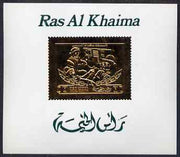 Ras Al Khaima 1971 Soviet Cosmonauts 1r deluxe sheet embossed in gold on glossy card, Mi BL A98