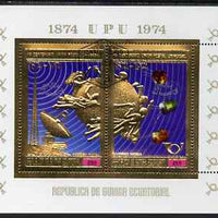 Equatorial Guinea 1974 Centenary of UPU perf s/sheet in gold with white background opt'd 'Espana 75', cto used, Mi BL142