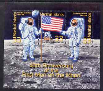 Marshall Islands 1999 30th Anniversary of Moon Landing perf sheetlet containing 3 x 33c values, one stamp imperf at left unmounted mint, as SG MS 1233