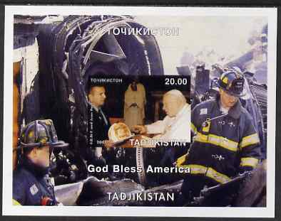 Tadjikistan 2001 'God Bless America' (Pope & Fire Fighters) imperf souvenir sheet unmounted mint