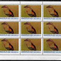 Angola 1999 Birds 300,000k from Flora & Fauna def set complete perf sheet of 9 each opt'd in gold with France 99 Imprint with Chess Piece and inscribed Hobby Day, unmounted mint. Note this item is privately produced and is offered……Details Below