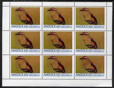 Angola 1999 Birds 300,000k from Flora & Fauna def set complete perf sheet of 9 each opt'd in gold with France 99 Imprint with Chess Piece and inscribed Hobby Day, unmounted mint. Note this item is privately produced and is offered……Details Below