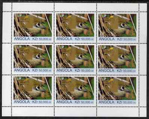Angola 1999 Birds 50,000k from Flora & Fauna def set complete perf sheet of 9 each opt'd in gold with France 99 Imprint with Chess Piece and inscribed Hobby Day, unmounted mint. Note this item is privately produced and is offered ……Details Below