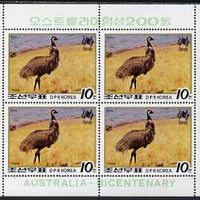 North Korea 1988 Bicentenary of Australia 10c Emu perf sheetlet containing block of 4 unmounted mint, as SG N2793