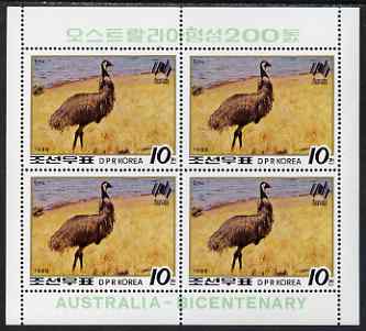North Korea 1988 Bicentenary of Australia 10c Emu perf sheetlet containing block of 4 unmounted mint, as SG N2793