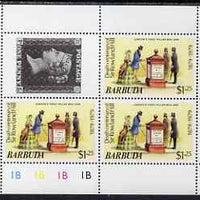 Barbuda 1975 Death Centenary of Rowland Hill perf sheetlet #3 containing 3 x $1.25 plus 1d black label unmounted mint, as SG 449