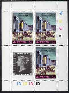 Barbuda 1975 Death Centenary of Rowland Hill perf sheetlet #4 containing 3 x $2 plus 1d black label unmounted mint, as SG 450