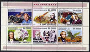 St Thomas & Prince Islands 2008 Naturalists (Haroun Tazieff - Vulcanologist, John Gould, Normal L Bowen, von Goethe, Ivan Pavlov, Charles Darwin) perf sheetlet containing 6 values unmounted mint