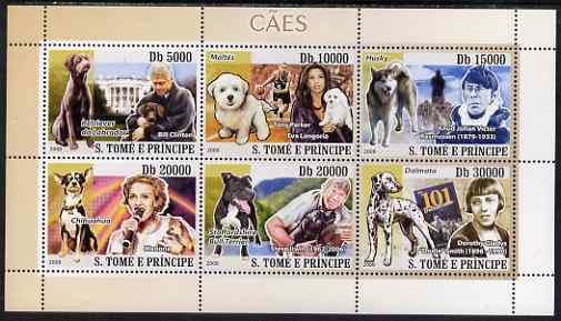 St Thomas & Prince Islands 2008 Dogs and their Masters (Bill Clinton & Labrador, Tony Parker/Eva Langoria & Maltese Terrier, Knud Johan Victor & Husky, Modonna & Chihuahua, Steve Irwin & Staffordshire Bull Terrier, Dorothy Smith &……Details Below