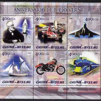 Guinea - Bissau 2005 Centenary of death of Jules Verne perf sheetlet containing 6 values (featuring Jules Verne,,F1 Ferrari, Concorde, Harley Davidson motorcyle etc) unmounted mint Mi 2865-70