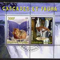 Congo 2008 Waterfalls & Animals (Hippo & Ostrich) perf sheetlet containing 2 values cto used