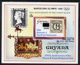 Guyana 1992 Anniversaries (Columbian Stamp Expo & Olympics) opt & surch in black $500 on $150 (150th Anniversary of Penny Black and Thurn & Taxis Postal Anniversary - Thurn & Taxis 6k stamp) unmounted mint