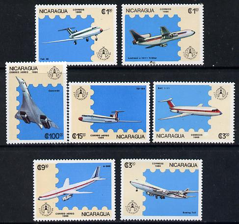 Nicaragua 1986 'Stockholmia 86' Stamp Exhibition set of 7 Aircraft unmounted mint, SG 2783-89*
