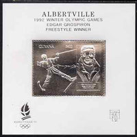 Guyana 1992 Albertville Olympic Games $600 imperf souvenir sheet (Edgar Grospiron) embossed in silver on thin card (simulated perfs)