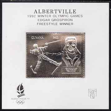 Guyana 1992 Albertville Olympic Games $600 imperf souvenir sheet (Edgar Grospiron) embossed in silver on thin card (simulated perfs)