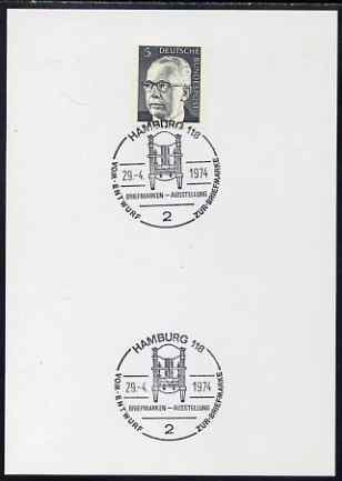 Postmark - West Germany 1974 postcard bearing 5pfg stamp with special cancellation for Philatelic Exhibition showing proofing press