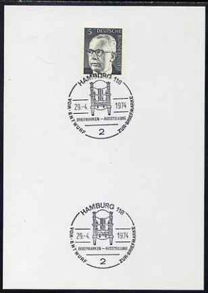 Postmark - West Germany 1974 postcard bearing 5pfg stamp with special cancellation for Philatelic Exhibition showing proofing press