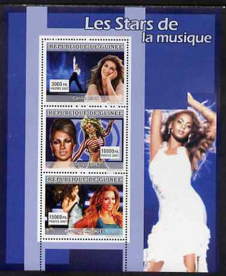 Guinea - Conakry 2007 Female Music Stars perf sheetlet containing 3 values (Celine Dion, Jennifer Lopez, Beyonce Knowles) unmounted mint