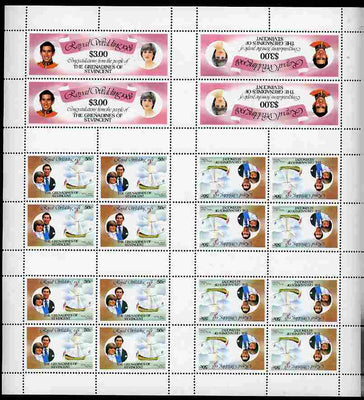 St Vincent - Grenadines 1981 Royal Wedding complete uncut sheet comprising 16 x 50c (Royal Yacht The Mary) in tete-beche blocks plus 4 x $3 (Honeymoon stamp) in 2 tete-beche pairs being the uncut sheet intended for booklet product……Details Below