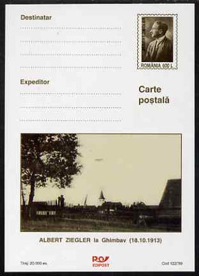 Rumania 1999 600L postal card featuring Albert Ziegler showing an airplane over Chuch, unused and fine