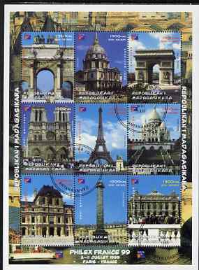 Madagascar 1999 Philex France '99 - French Landmarks perf sheetlet containing complete set of 9 values fine cto used